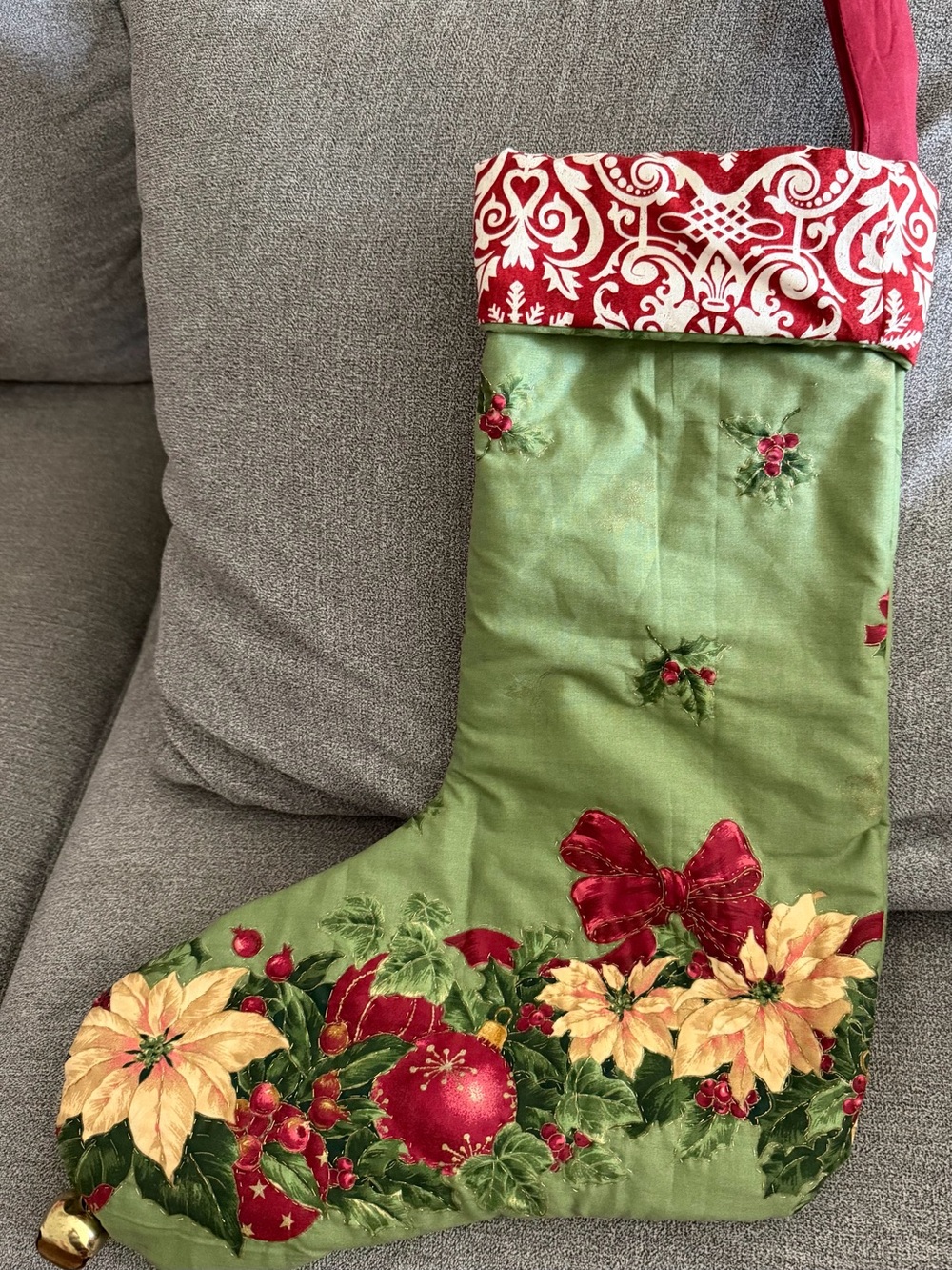 Quilted Christmas Stocking Vintage Fabrics 18” Long With Bell From Border Fabric